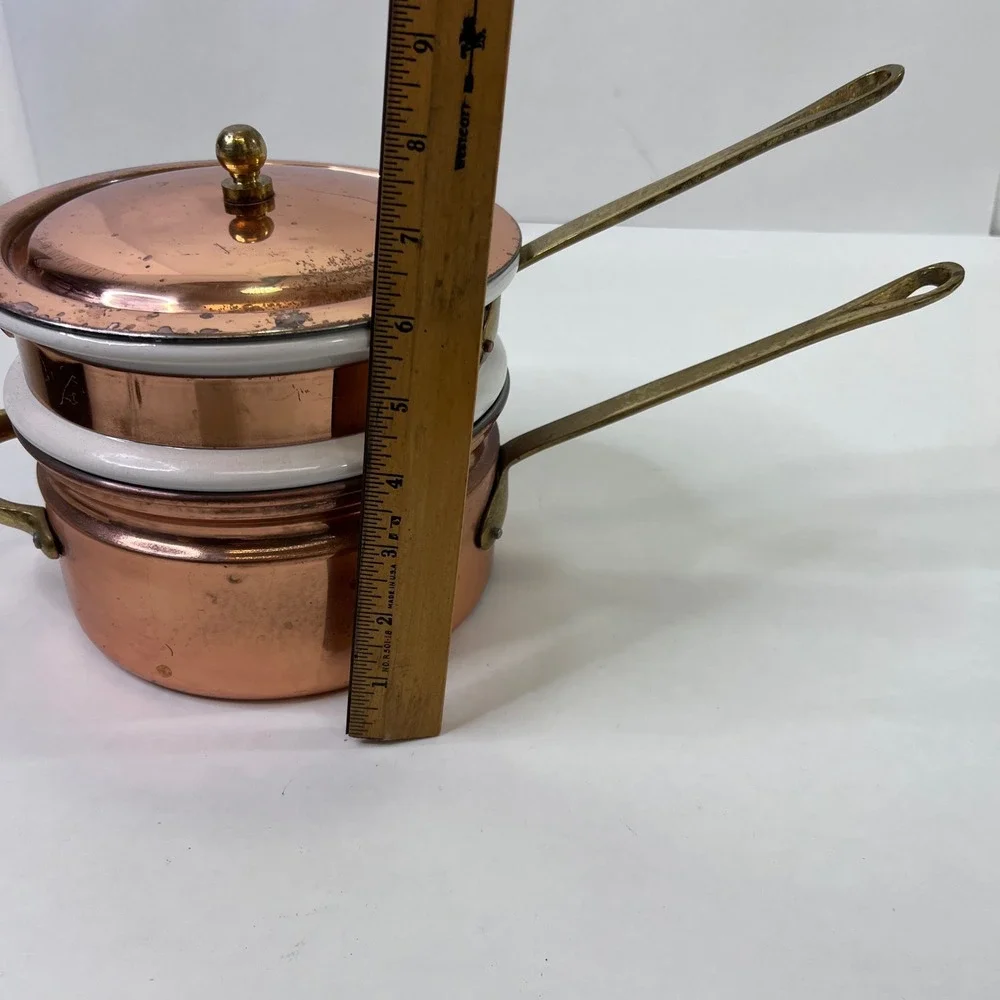 Vintage Copper Clad Double Boiler Porcelain Insert Brass Handles Outeiro 889